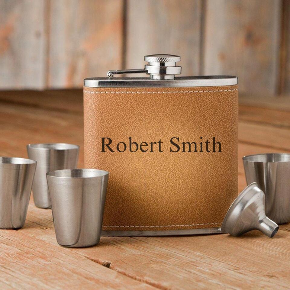 Personalized Hide Stitch Flask & Shot Glass Set