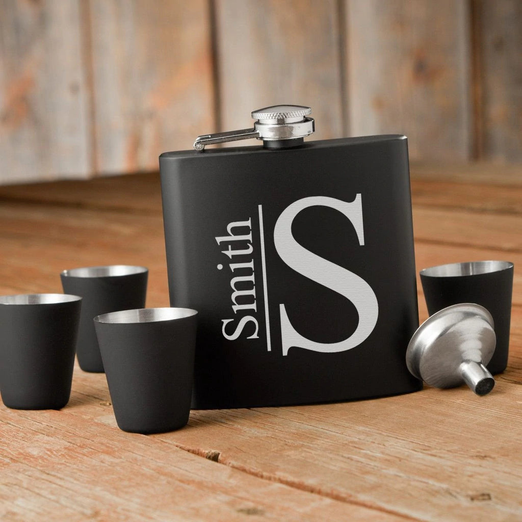 Personalized Black Flask Set - Flask & 4 Shot Glasses
