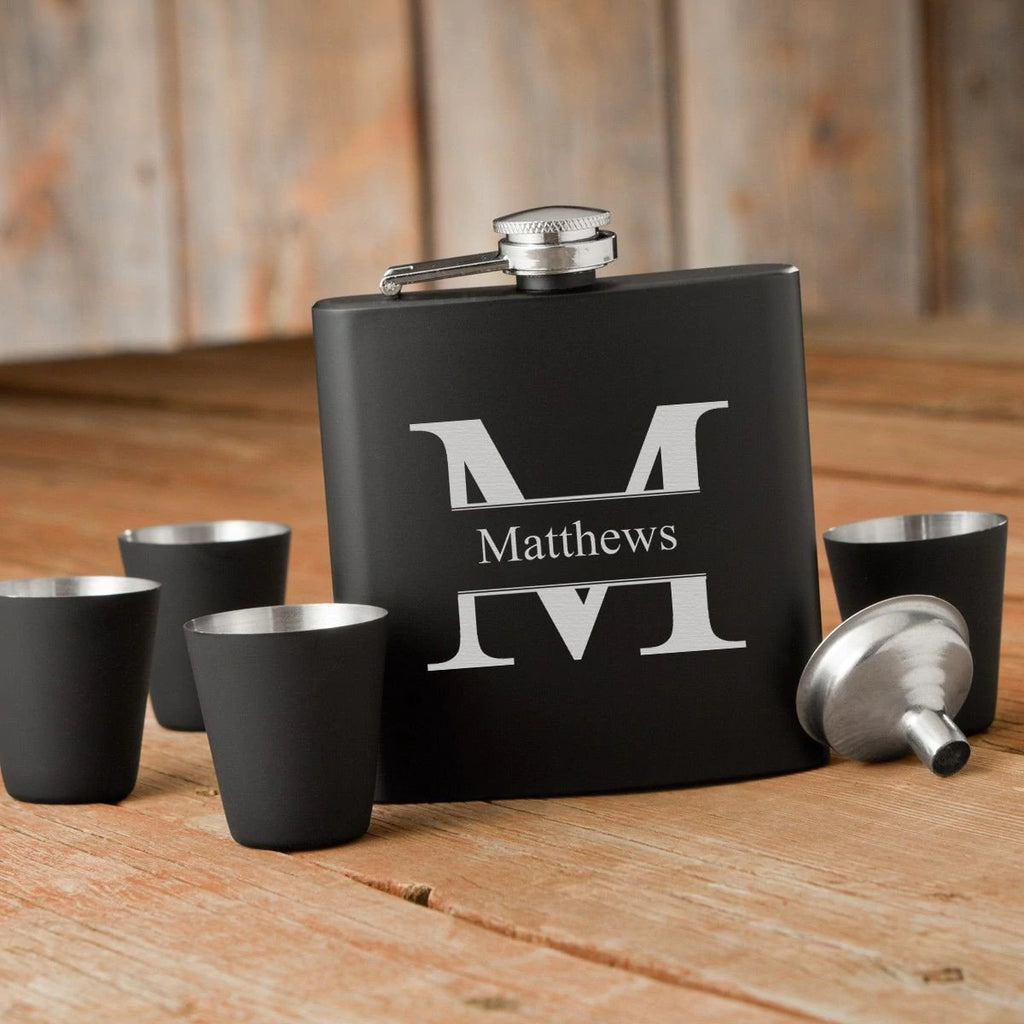 Personalized Black Flask Set - Flask & 4 Shot Glasses