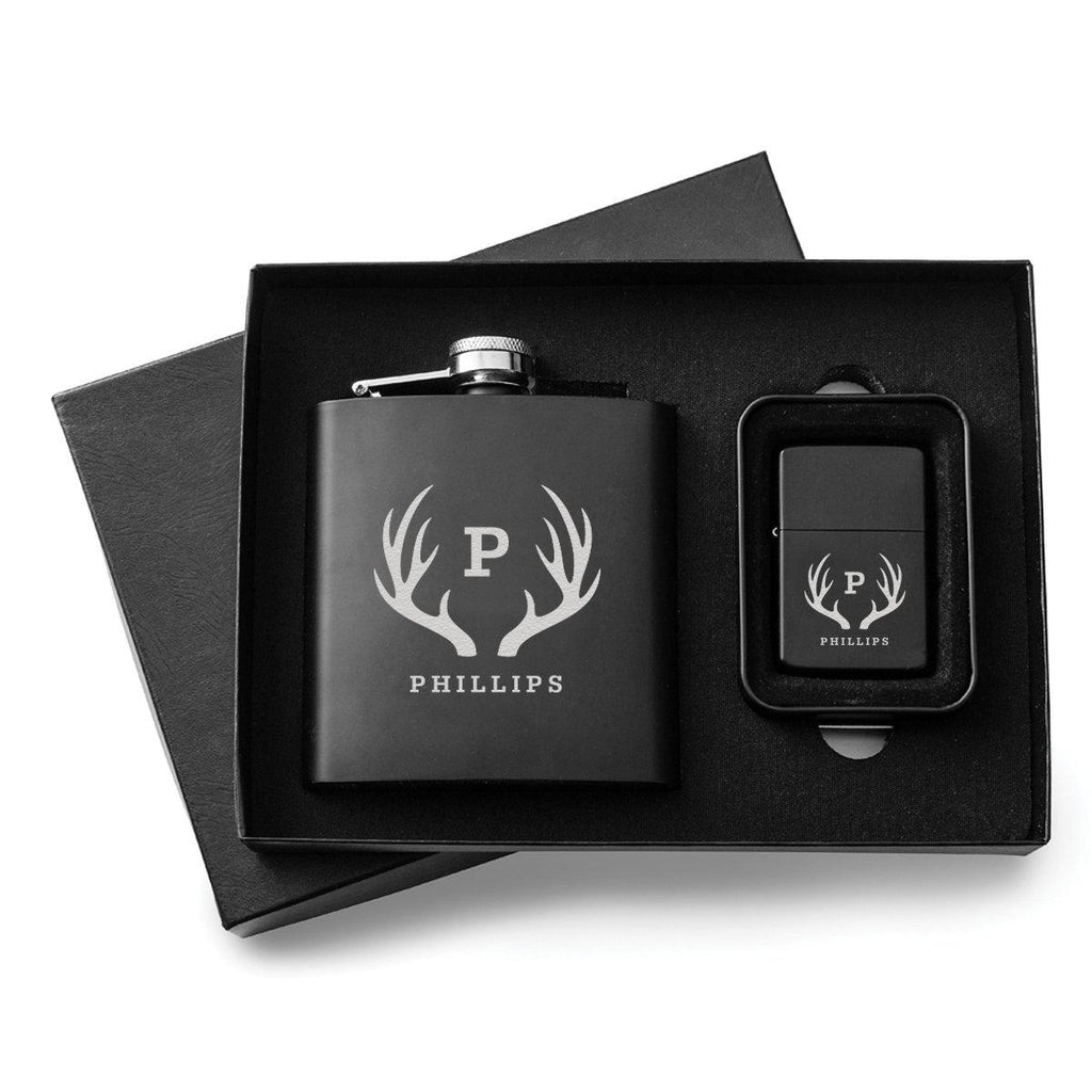 Personalized Black Flask & Lighter Gift Set