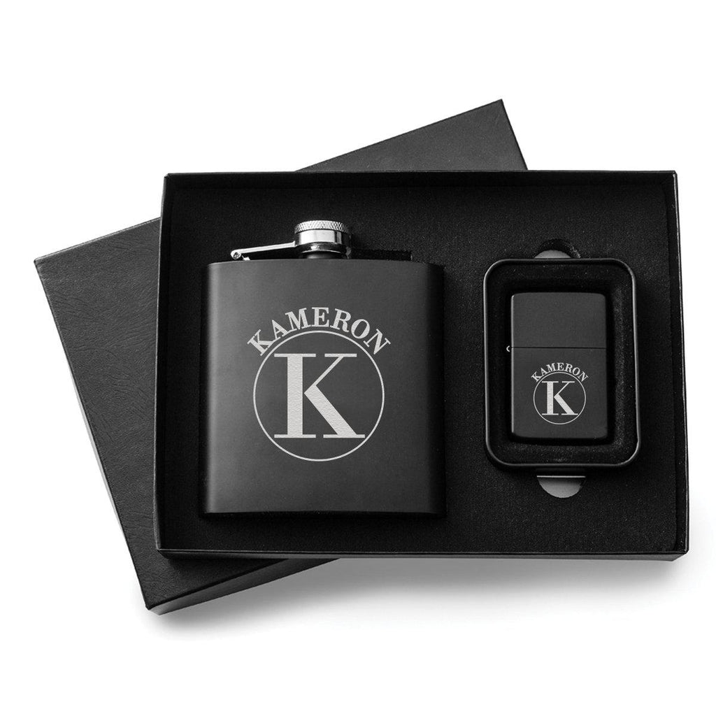 Personalized Black Flask & Lighter Gift Set