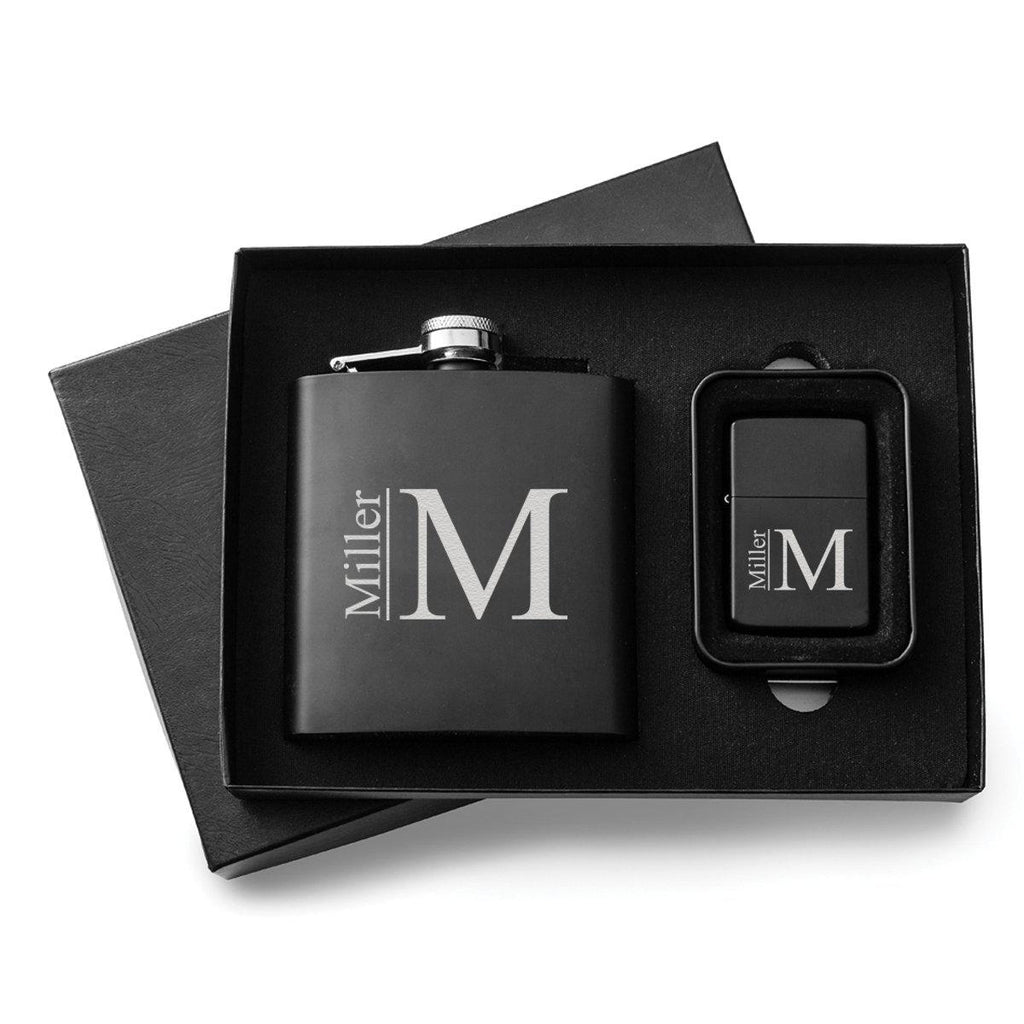 Personalized Black Flask & Lighter Gift Set