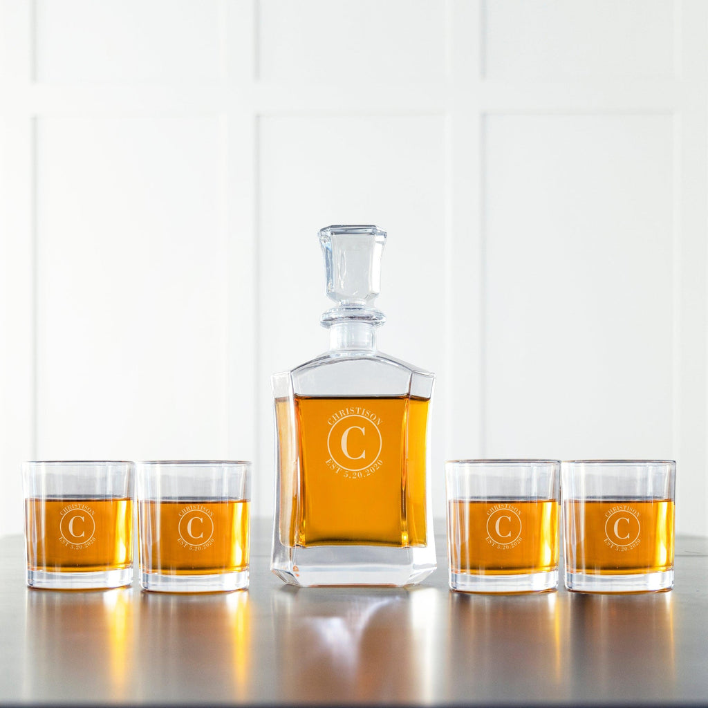 Personalized Decanter set with 4 Lowball Whiskey Glasses