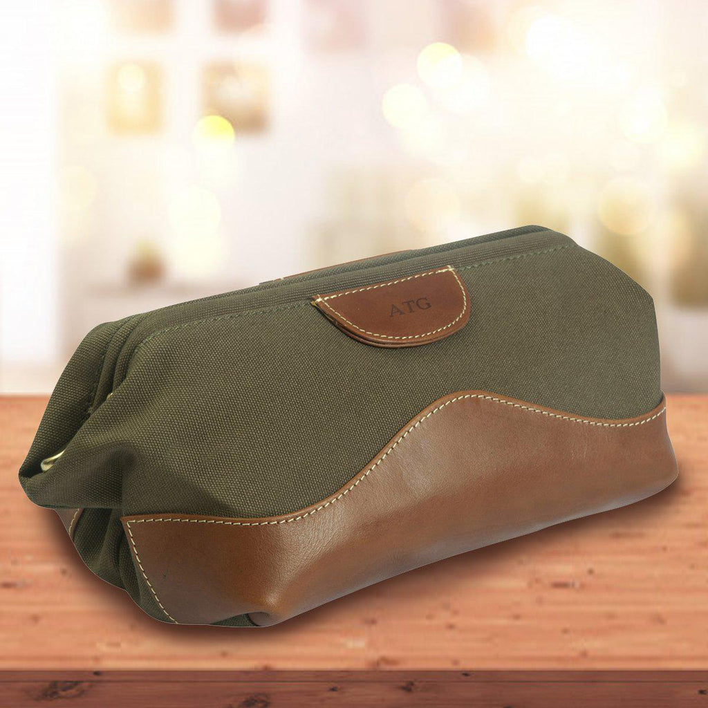 Personalized Forest Green Leather Toiletry Bag