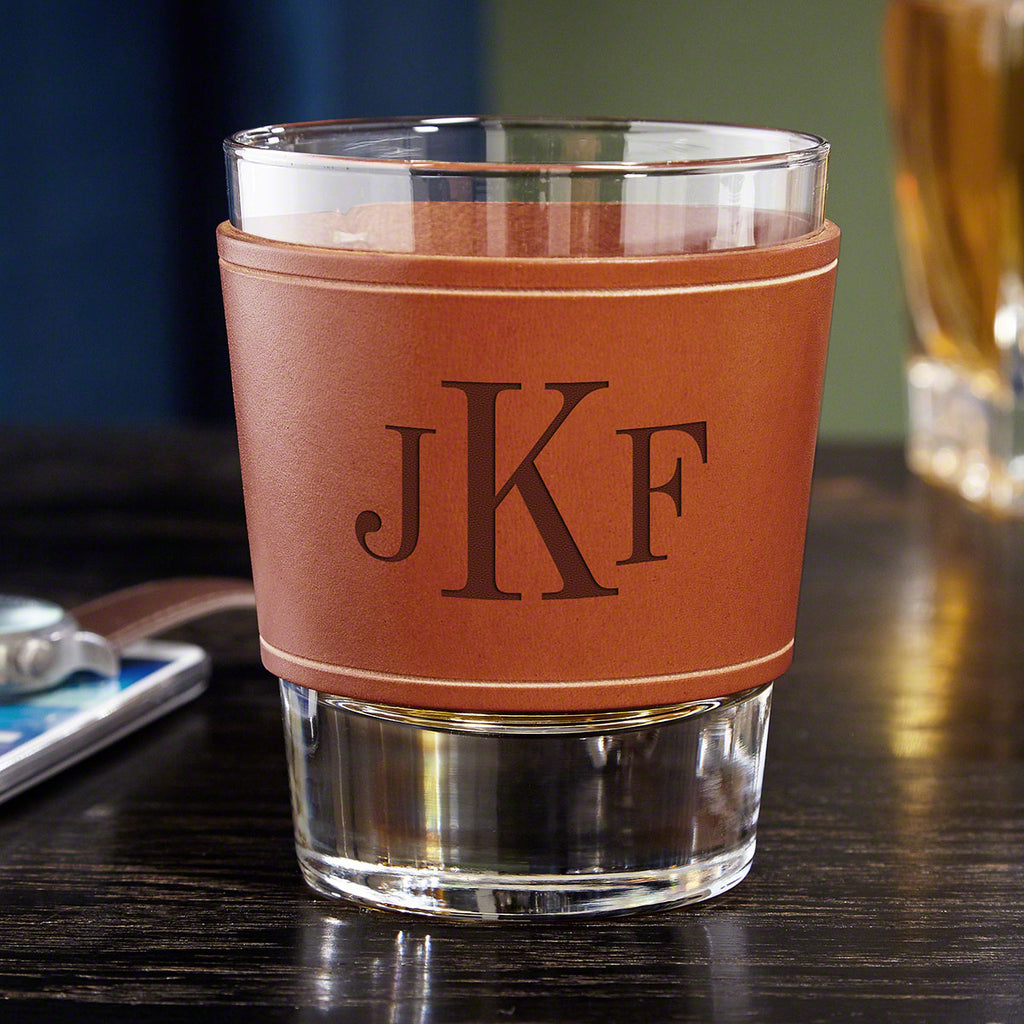 Classic Monogram Whiskey Glass with Personalized Leather Wrap