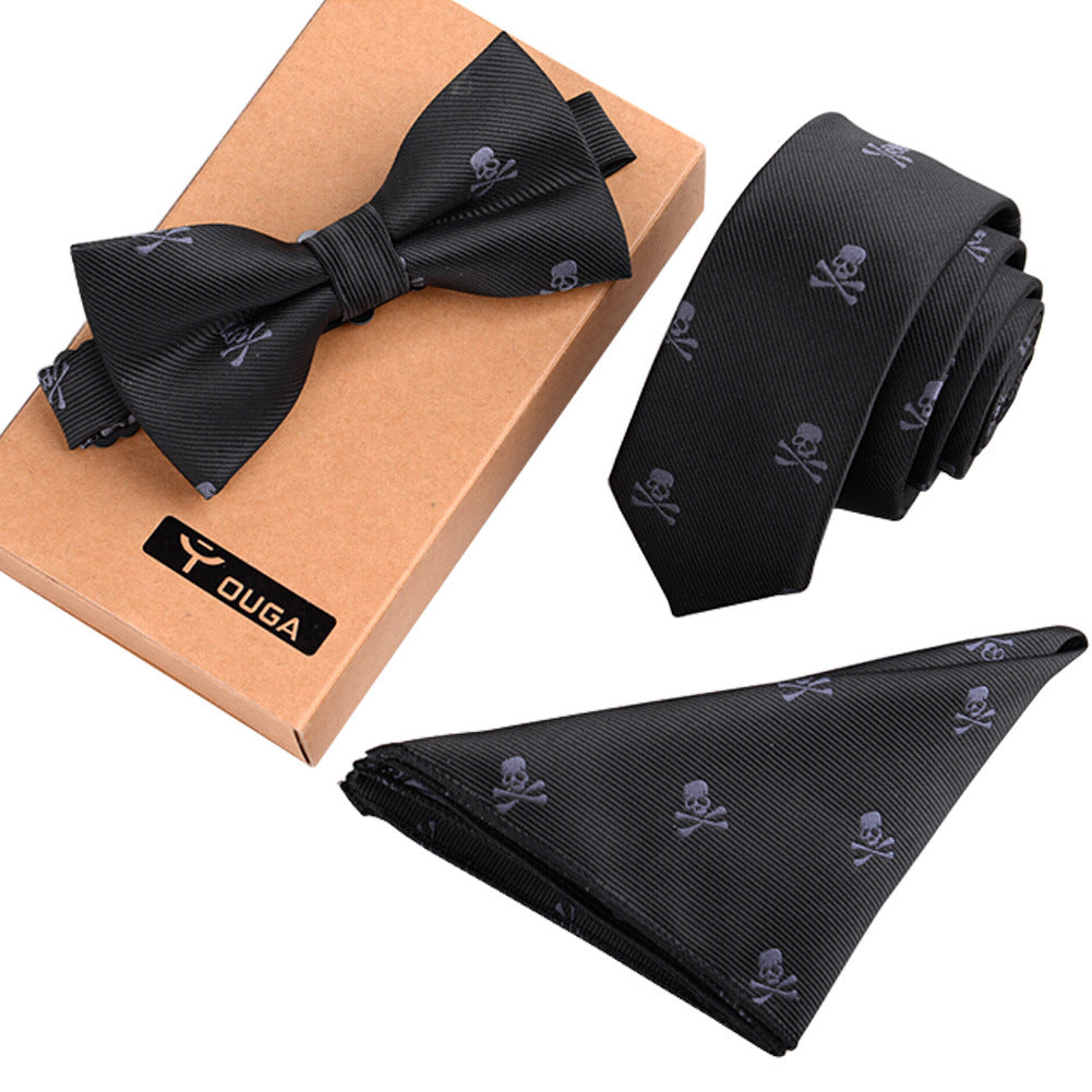 Fashionable Formal/Informal Ties Set, Necktie/Bow Tie/Pocket Square Black Skull