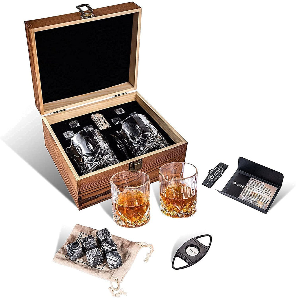 Whiskey Glass Set of 2 Glasses, With Side Stand and 6 Whiskey Stones