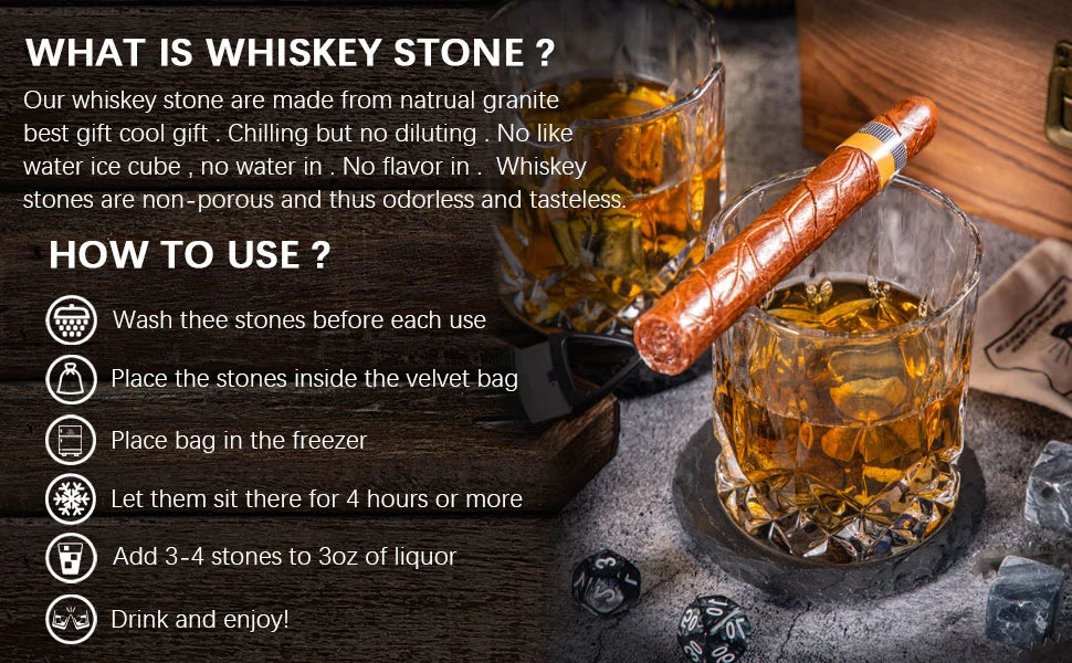 Whiskey Glass Set of 2 Glasses, With Side Stand and 6 Whiskey Stones